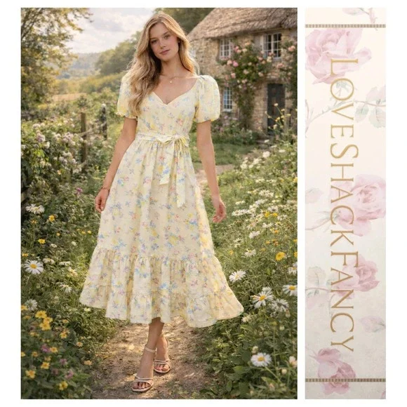 LoveShackFancy x Target Ines Yellow Floral Romantic Cottagecore Midi Dress 8 - Picture 1 of 14